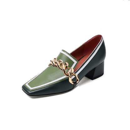 Green Square Toe Chunky Heel Women's Loafers with Gold Chain