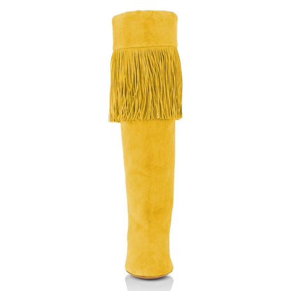 Yellow Vegan Suede Fringe Chunky Heel Knee-High Boots