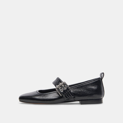 Black Patent Leather Square Toe Mary Jane Ballet Flats with Buckle