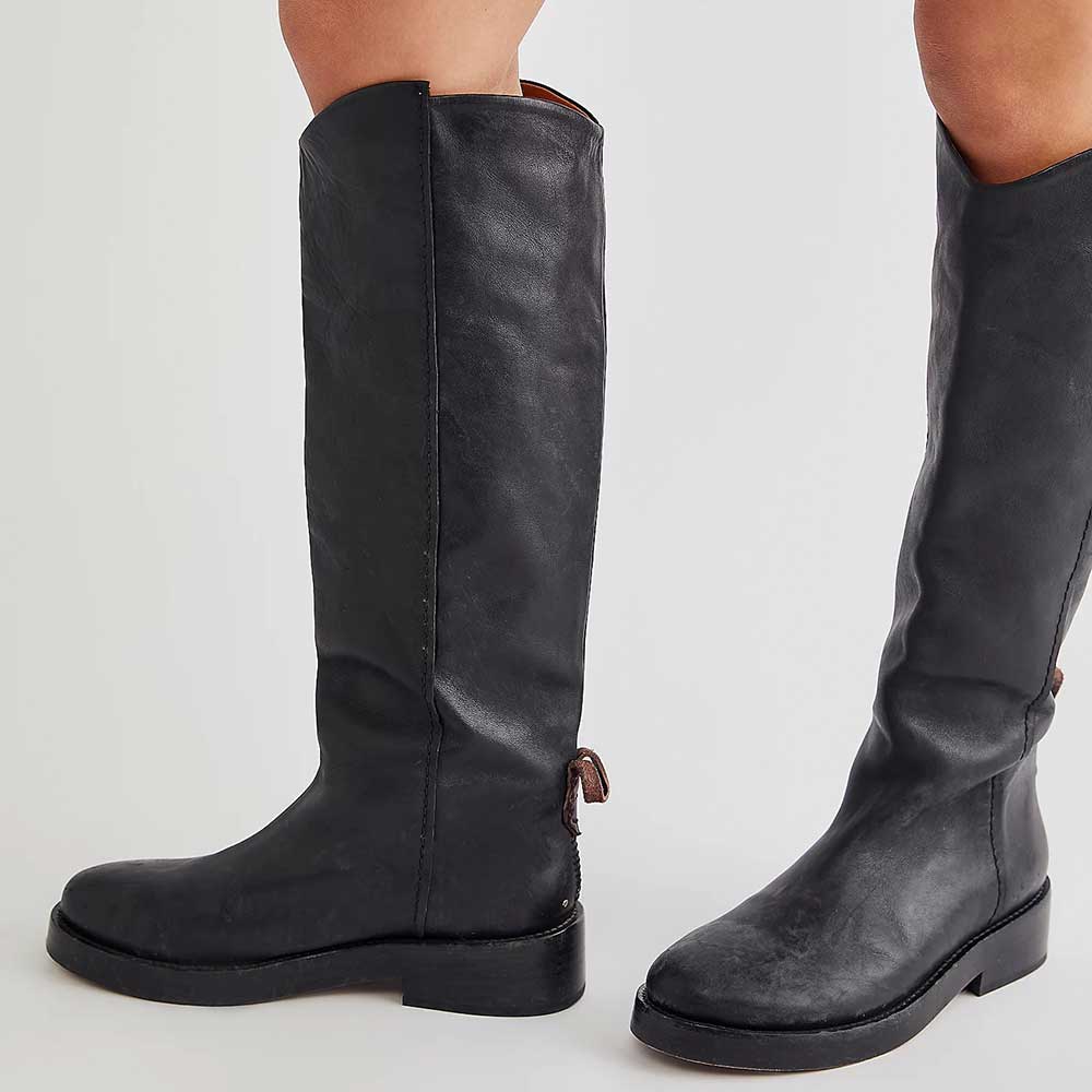 Black Vegan Leather Round Toe Low Heel Knee High Boots for Women