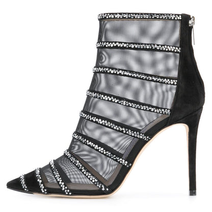Black Mesh Ankle Boots Pointed Toe Rhinestone Stiletto Heel Booties