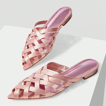 FSJ Chic Pink Woven Pointed Toe Flat Mule Shoes for Women