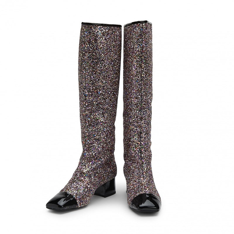 Black Glitter Square Toe Chunky Heel Knee High Boots