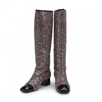 Black Glitter Square Toe Chunky Heel Knee High Boots
