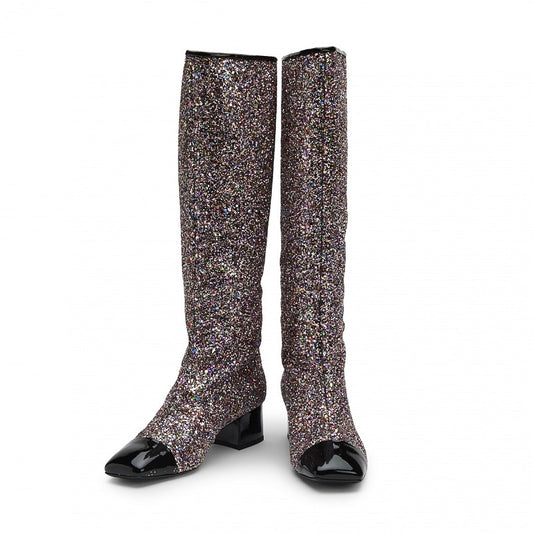 Black Glitter Square Toe Chunky Heel Knee High Boots