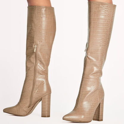 Pointed Toe Croco Embossed Shoes Block Heel Knee High Boots in Nude