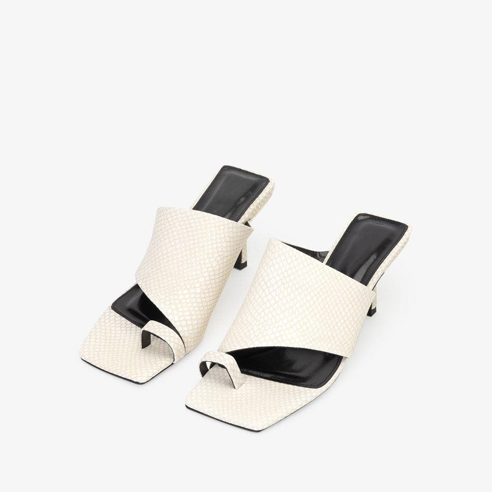 Beige Bone Snake Print Toe Ring Mules Sandals with Kitten Heel