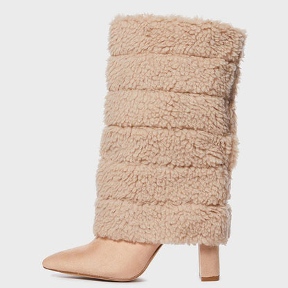 Khaki Faux Fur 4 Inch Chunky Heel Fold Over Mid Calf Boots for Women