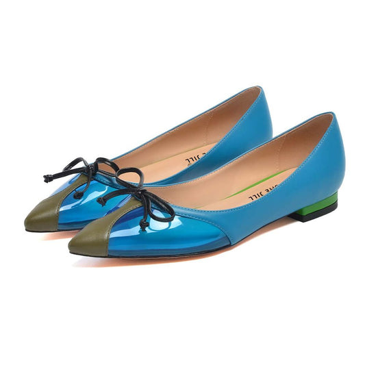 Blue Pointed Toe PVC Splicing Design Fashion Flats with Bow Knot