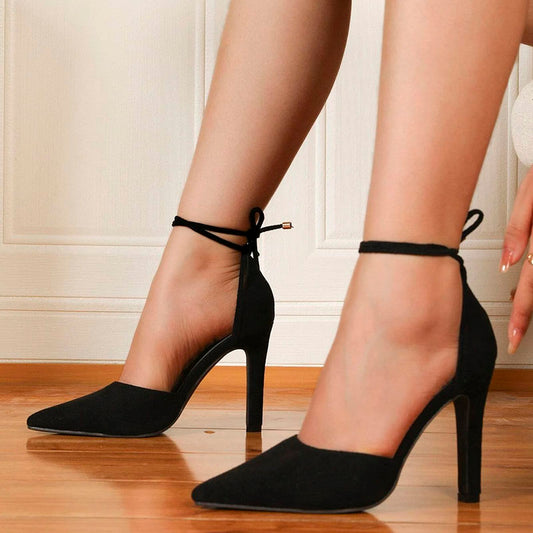 Women's Vegan Suede Pointed Toe Ankle Strap Office Black Pumps