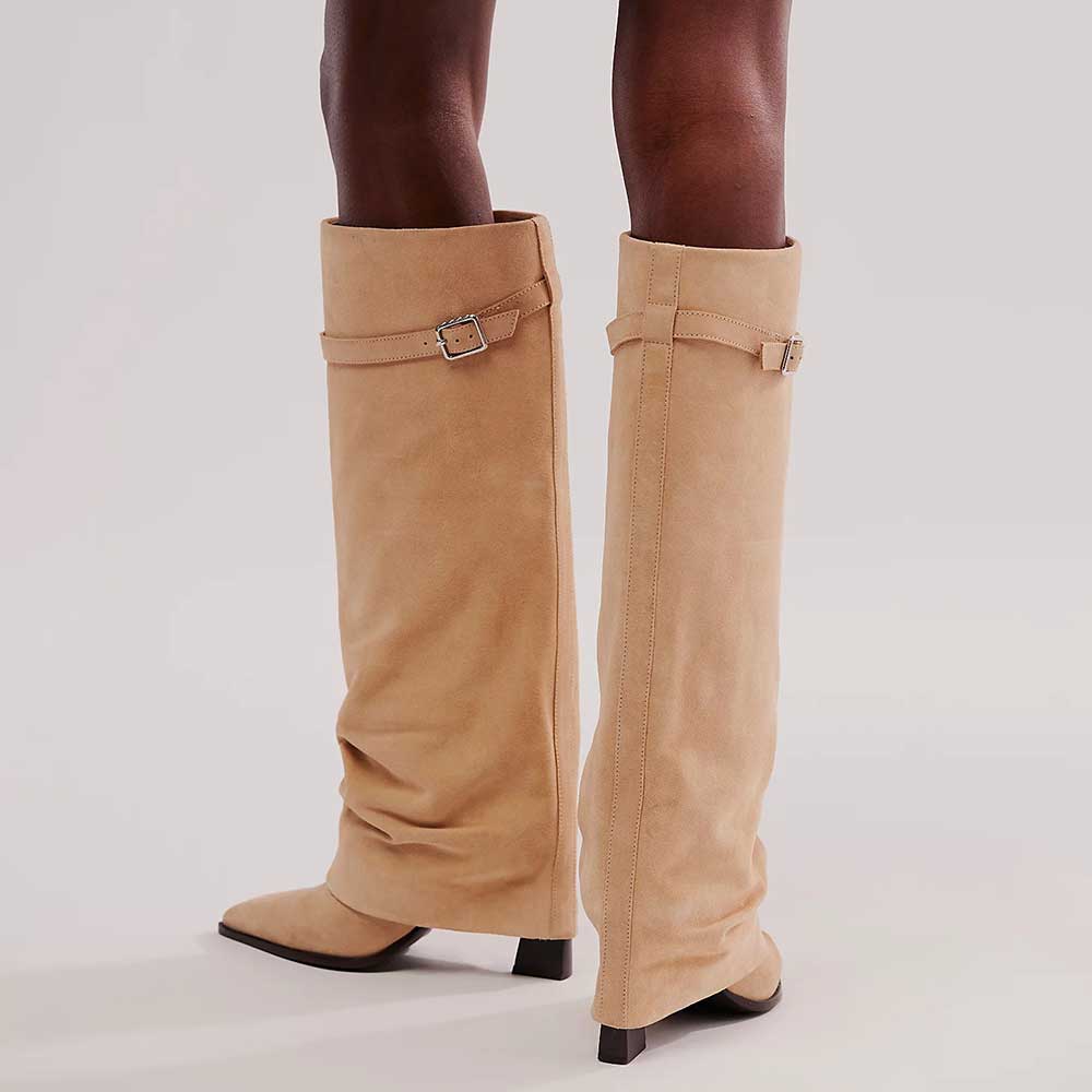 Beige Pointed Toe Stiletto Heel Fold Over Wide Calf Knee High Boots