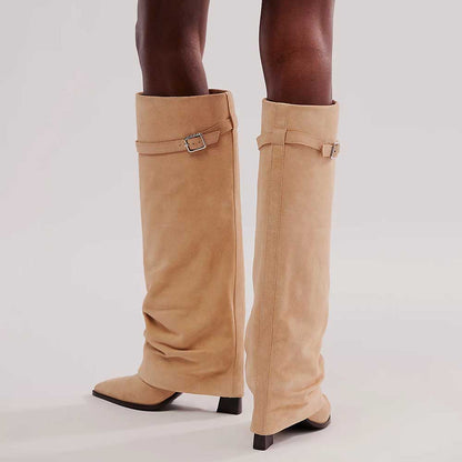 Beige Pointed Toe Stiletto Heel Fold Over Wide Calf Knee High Boots