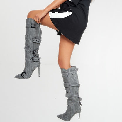 Fashion Grey Stiletto Heels Buckle Knee High Boots for Women