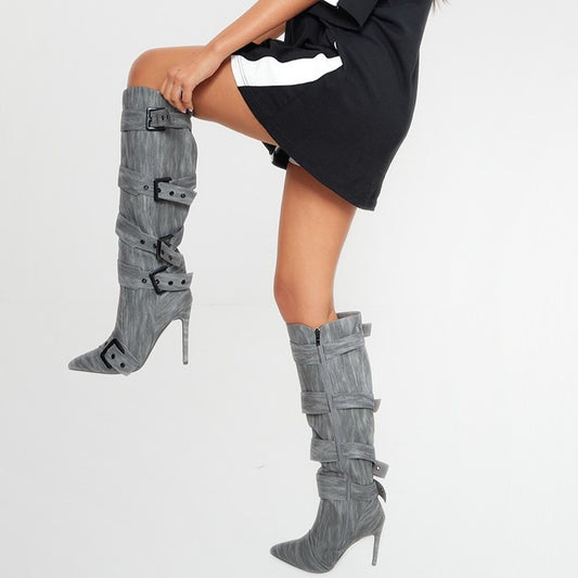 Fashion Grey Stiletto Heels Buckle Knee High Boots for Women