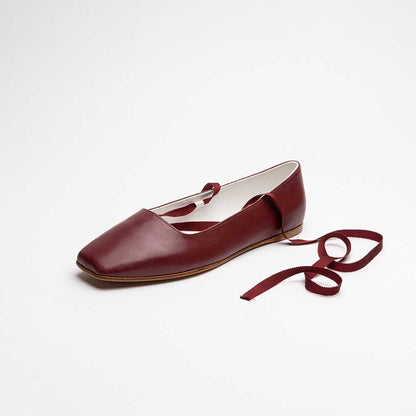 Maroon Vegan Leather Square Toe Lace-Up Comfortable Ballet Flats