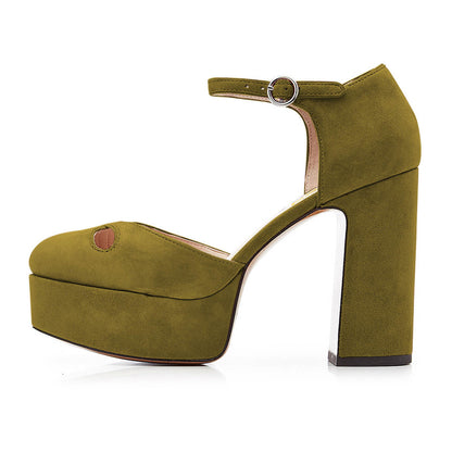 Women's Olive Vegan Suede Ankle Strap Heels Cut Out Platform Pumps