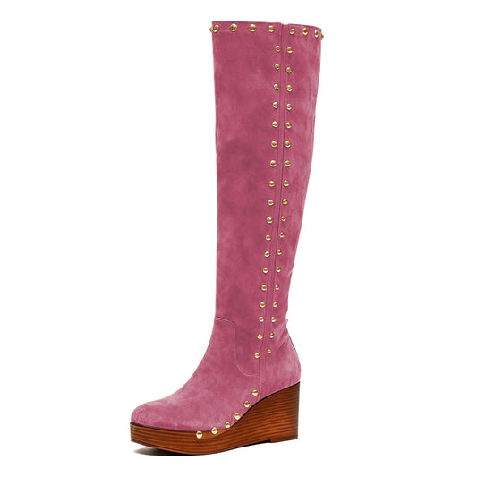 Pink Vegan Suede Studded Platform Wedge Heel Knee High Boots