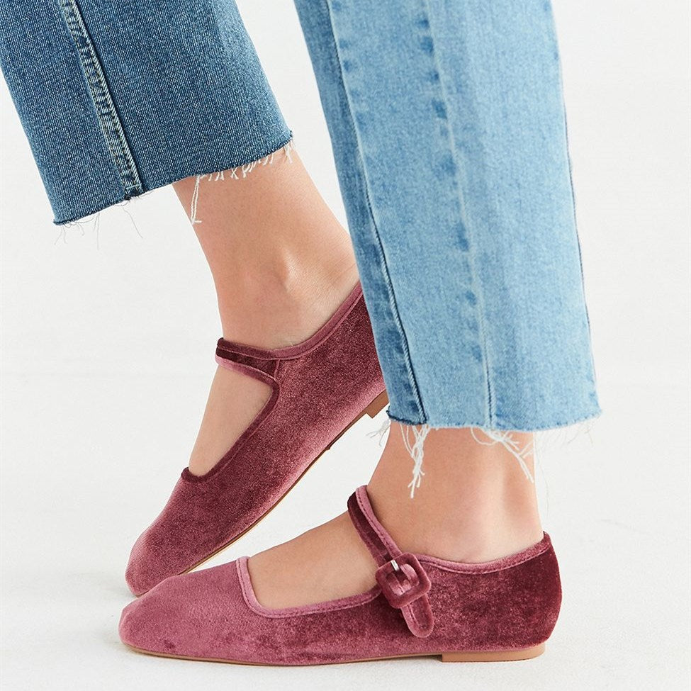 Maroon Velvet Mary Jane Shoes Square Toe Buckle Strap Flats