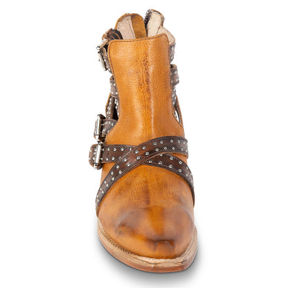 Yellow Vintage Buckle Straps Chunky Heel Western Boots for Women