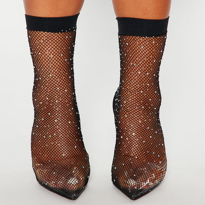 Black Mesh Rhinestone Pointed Toe Stiletto Heel Slingback Ankle Boots