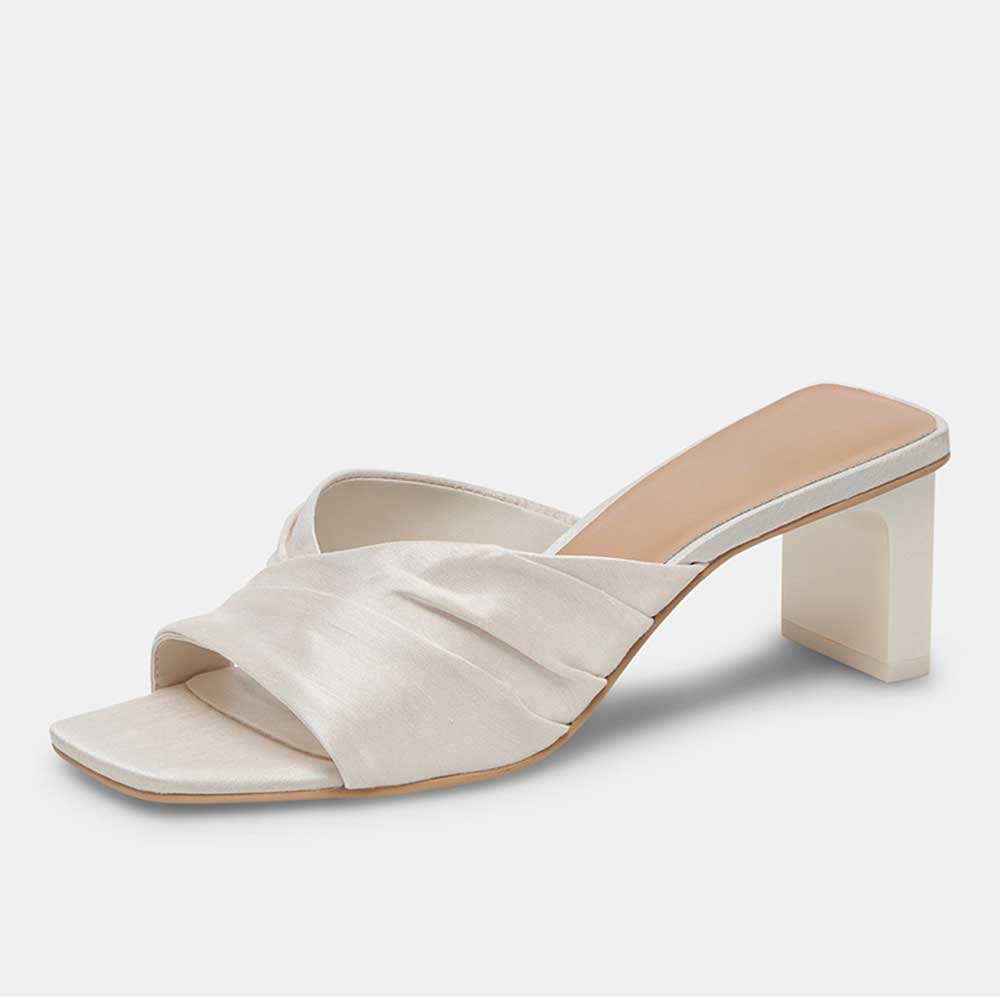 White Satin Square Toe Block Heel Ruched Mule Sandals for Wedding