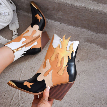 Black Metal Pointed Toe Flame Booties Stacked Heel Ankle Boots