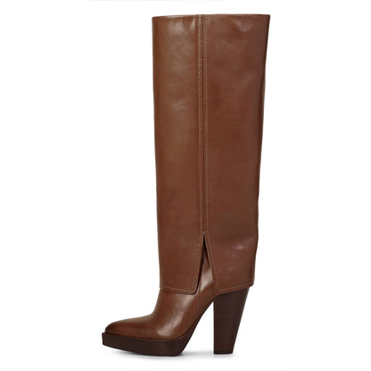 Brown Pointed Toe Fold-over Platform Knee High Boots with Block Heel