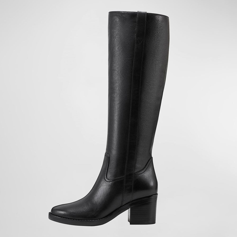 Black Round Toe Pull-on Block Heel Knee High Boots for Women