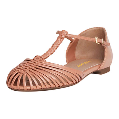 Natural Caged Woven T-Strap Round Toe Flat Shoes for Women with Buckle