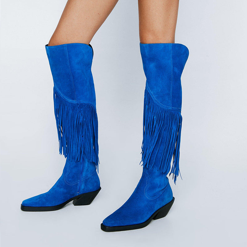 Royal Blue Vegan Suede Fringe Knee High Western Boots for Women