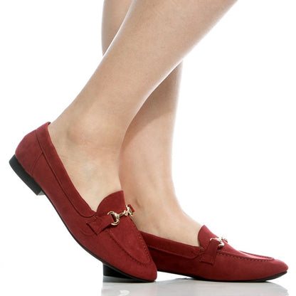 Dark Red Vegan Suede Flats Round Toe Horsebit Loafers