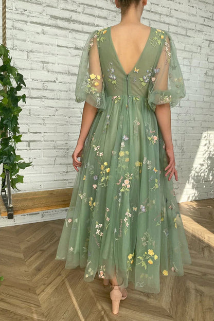Elegant V Neck Green Tea Length Prom Dresses,WP372