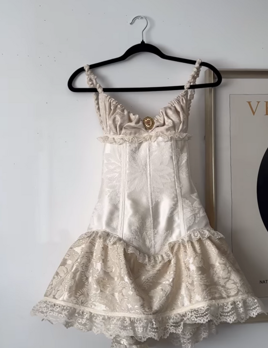 Vintage Beige V-neck Spaghetti Strap Design Lace A-line Short Homecoming Dress TP3956