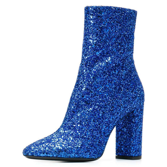 Women's Blue Glitter Chunky Heel Almond Toe Ankle Boots with Zipper
