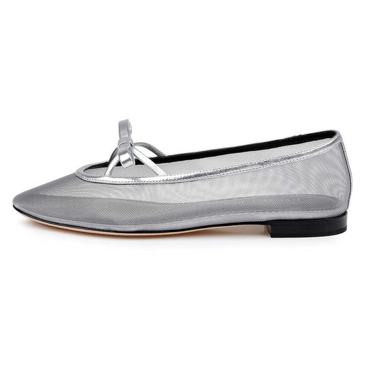 Comfortable Silver Mesh Round Toe Ballet Flats with Bow Decor