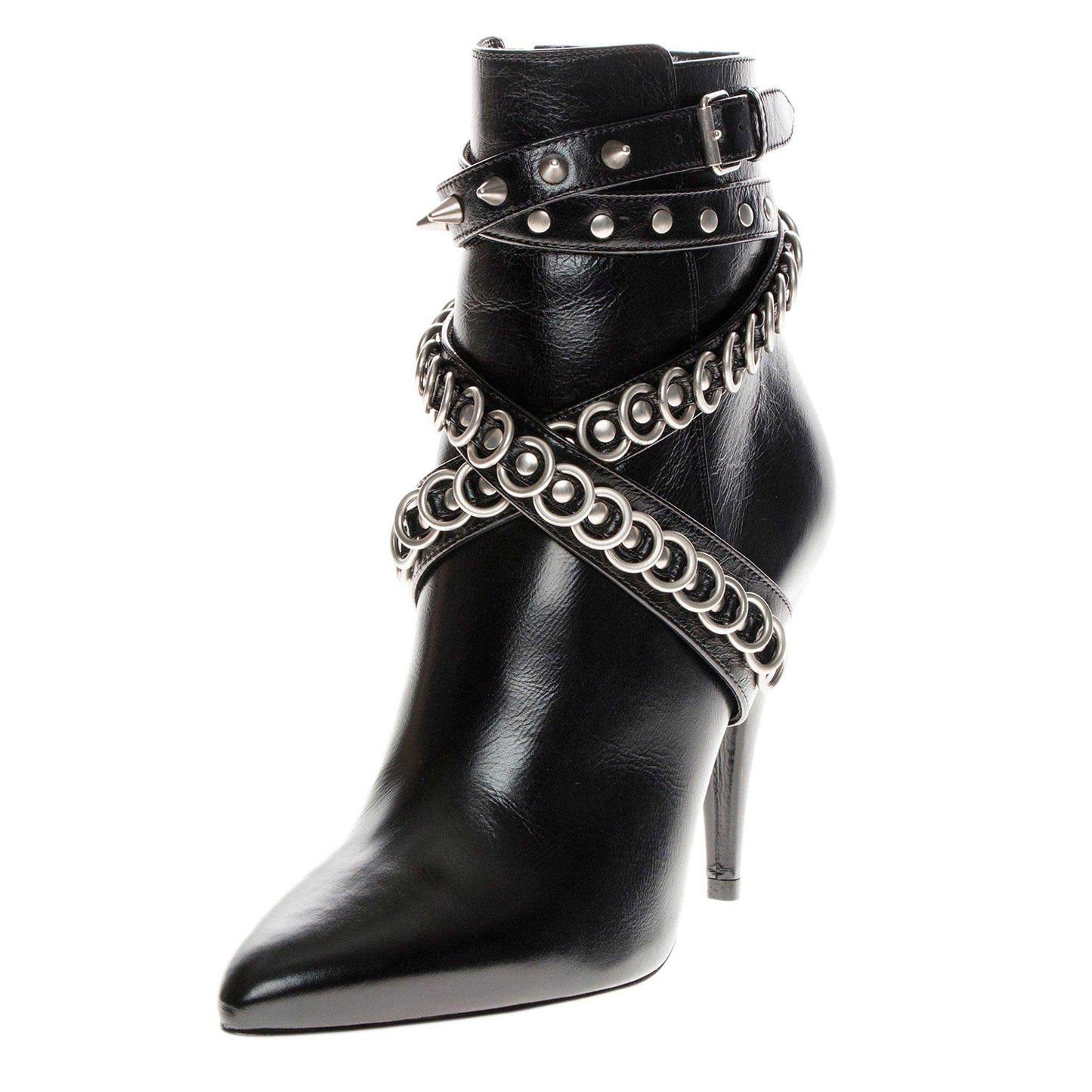 Black Studded Crisscross Strap Pointy Toe Cone Heel Ankle Boots