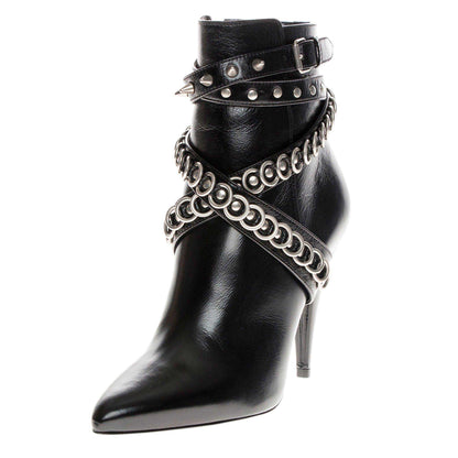 Black Studded Crisscross Strap Pointy Toe Cone Heel Ankle Boots