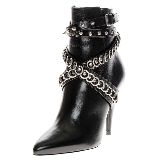 Black Studded Crisscross Strap Pointy Toe Cone Heel Ankle Boots