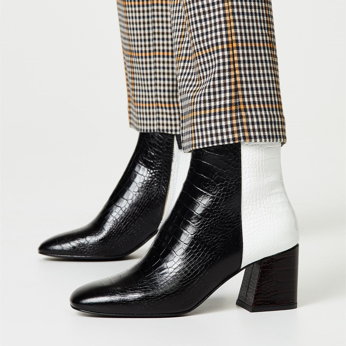 Black and White Crocodile Embossed Square Toe Block Heel Ankle Boots