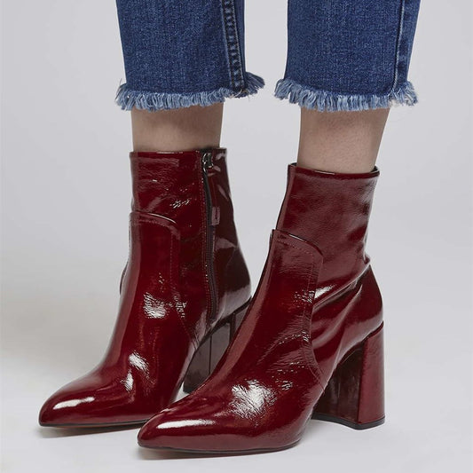 Women's Maroon Patent Leather Trendy Chunky Heel Ankle Boots with Zip