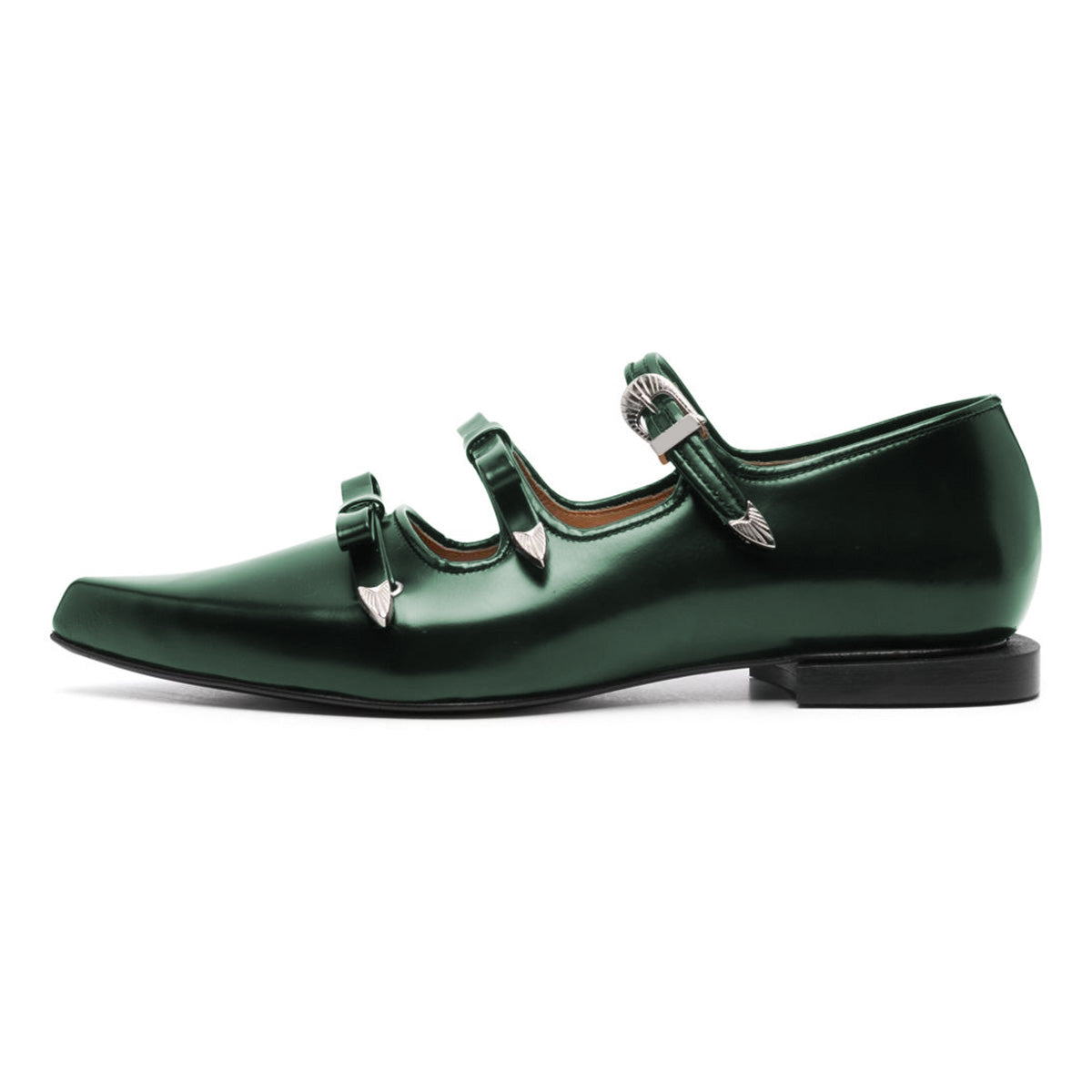 Dark Green Bows Pointed Toe Buckle Strap Flats Shoes for Women