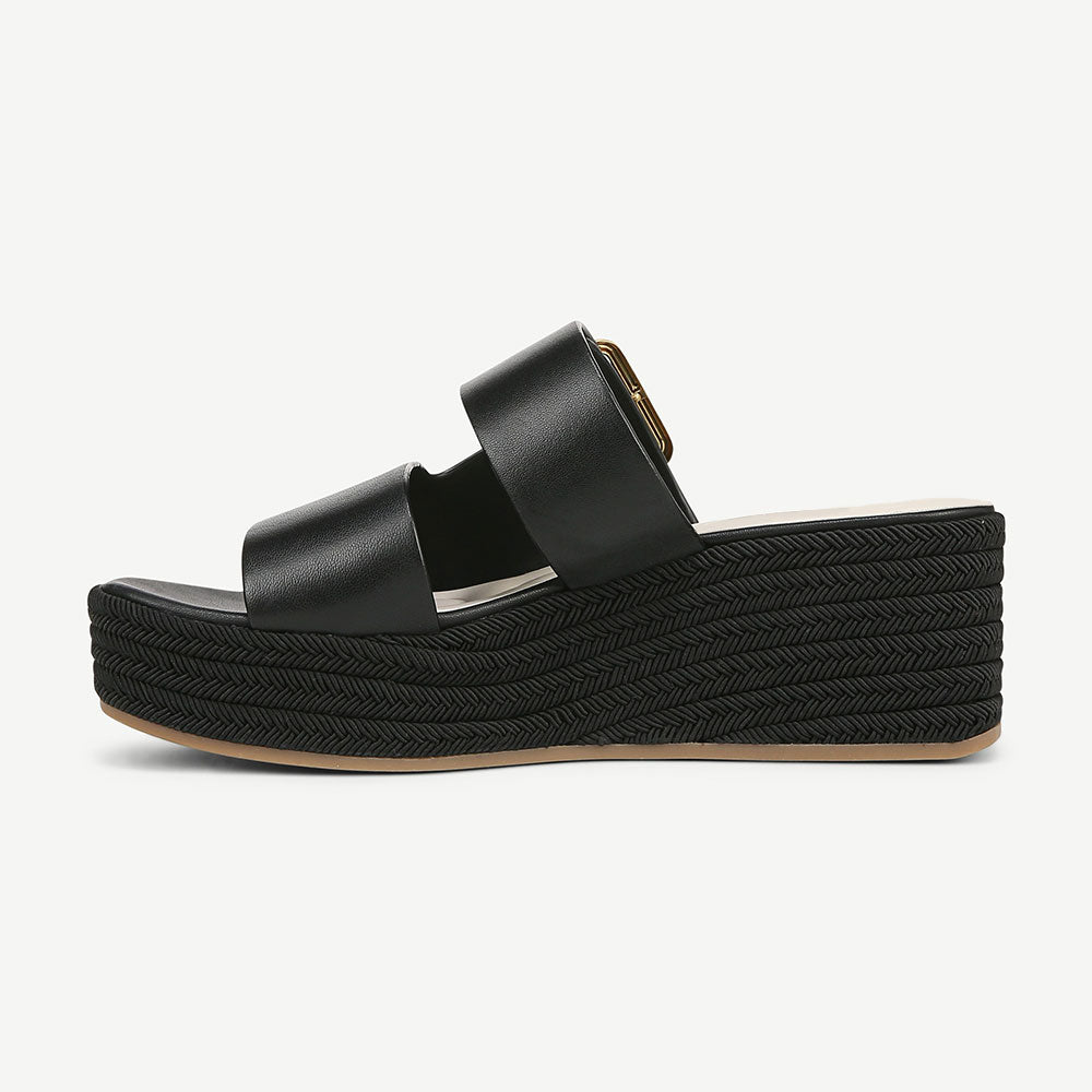 Open Square Toe Buckle Strap Woven Wedge Heel Black Platform Sandals