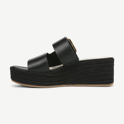 Open Square Toe Buckle Strap Woven Wedge Heel Black Platform Sandals