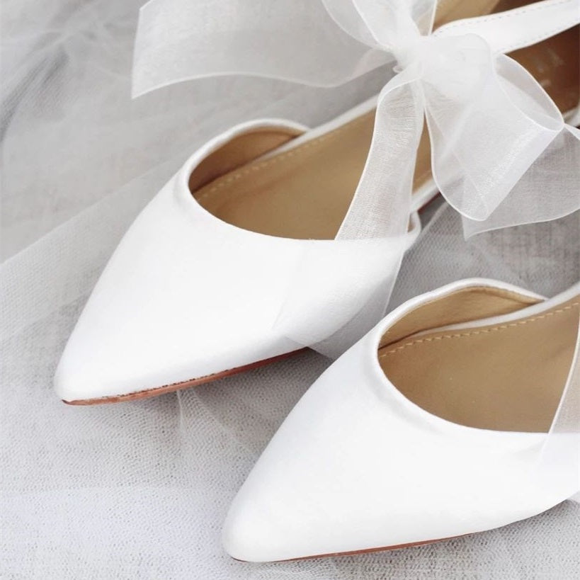 White Satin Pointed Toe Bow Ankle Strap Wedding Flats