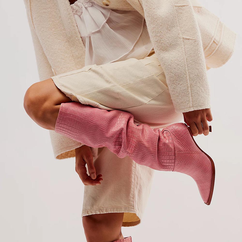 Pink Snip Toe 3'' Kitten Heel Wide Calf Croc Embossed Knee High Boots