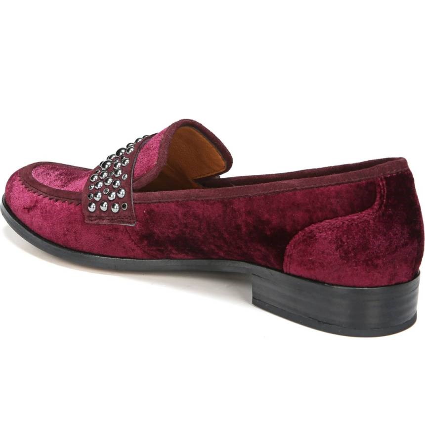Burgundy Velvet Round Toe Studded Strap Low Heel Women's Loafers