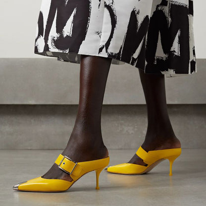 Women's Yellow Metal Pointed Toe Kitten Heel Buckle Mules Shoes