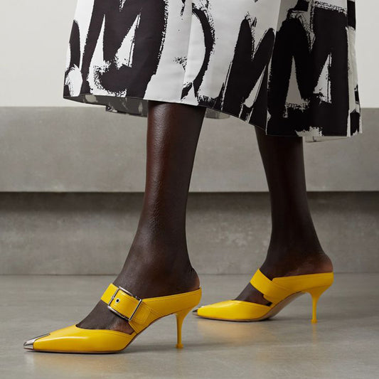 Women's Yellow Metal Pointed Toe Kitten Heel Buckle Mules Shoes
