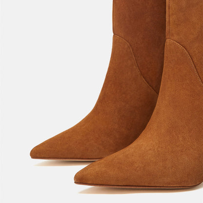 Tan Vintage Vegan Suede Pointy Toe Mid Calf Boots with Block Heels