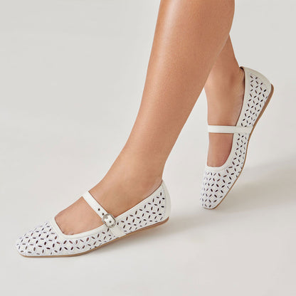 FSJ Casual White Sqaure Toe Cut-Out Ballet Flats with Straps